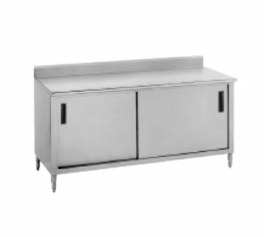 Stainless Steel Work Tables With Cabinet Advance Tabco CF-SS-308M 96" X 30" Work Table With Cabinet Base, Sliding Doors, Backsplash And Midshelf 3 Stainless Steel Work Tables With Cabinet Advance Tabco CF-SS-308M 96" X 30" Work Table With Cabinet Base, Sliding Doors, Backsplash And Midshelf