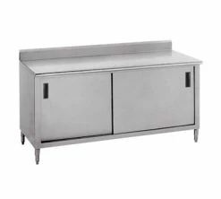 Stainless Steel Work Tables With Cabinet Advance Tabco CK-SS-244M 48" X 24" Work Table With Cabinet Base, Sliding Doors, 5" Backsplash And Midshelf